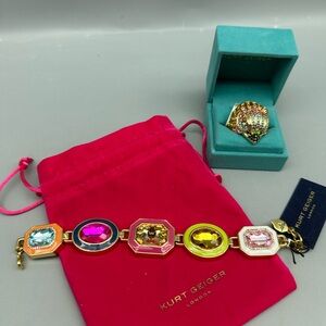 Kurt Geiger Gold Bracelet with Multicolor Gems & Eagle Ring NWT $296